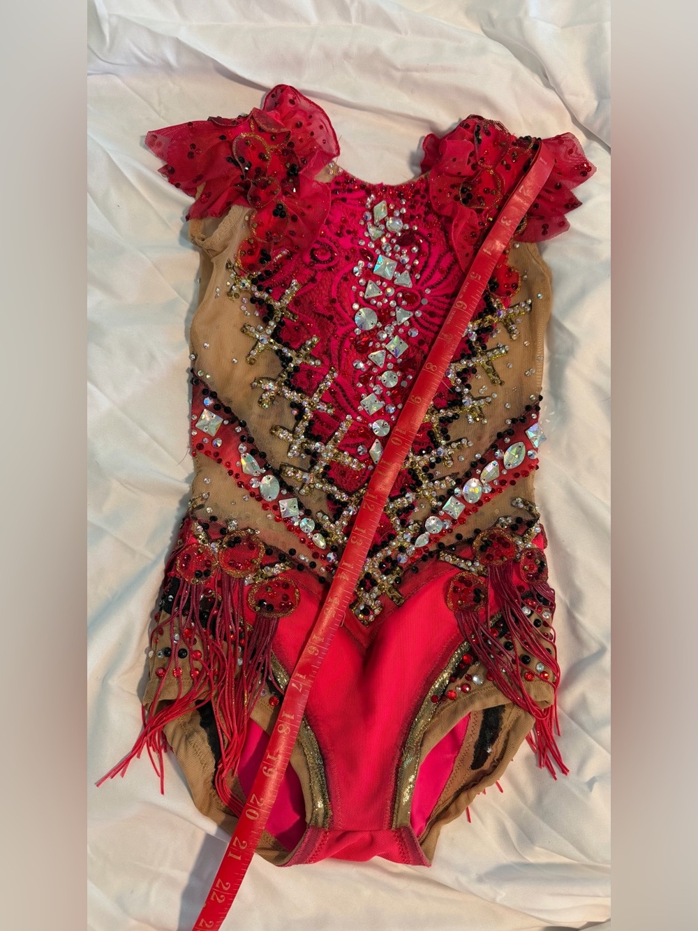 Rhythmic Gymnastics | Dance Red and Nude Crystal Embellished Leotard with Fringe